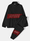 Mens Contrast Letter Print Half Zip Sweatshirt Corduroy Pullover Two Pieces Outfits - Black