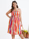 Plus Size Striped Shirring Self-Tie Design Spaghetti Strap Dress - Colorful