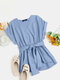 Women Solid Color V-neck Short Sleeve Casual Blouse With Belt - Blue