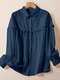 Solid Ruffle Trim Button Front Lapel Long Sleeve Shirt - Navy