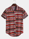 Men's Ethnic Style Floral Printing Shirt Short Sleeve Turn Down Collar Shirt  - Red