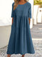 Solid Pleated Crew Neck Half Sleeve Dress With Pocket - Blue