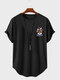 Camisetas de manga corta con dobladillo curvo y estampado de eslogan floral de dibujos animados para hombre - Negro