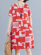 Women's Vinatge Print Round Neck Short-sleeved Dress - Red