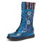 SOCOFY Retro Floral Embossing Flowers Embroidery Leather Comfy Mid Calf Wedges Heel Boots - Blue