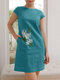 ポケット付き女性花柄刺繍クルーネックコットンドレス - 青
