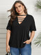 Plus Size Solid V-neck Cut Out Short Sleeves T-shirt - Black