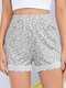 Floral Print Lace Hem Elastic Waist Home Shorts - Grey