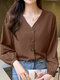 Solid Long Sleeve V-neck Button Front Blouse - بنى