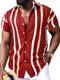 Mens Striped Contrasting Colors Lapel Collar Short Sleeve Shirts - Red