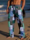 Pantalon droit en patchwork de blocs de couleurs pour hommes avec cordon de serrage à la taille - bleu