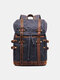 Men Outdoor Waterproof Genuine Leather Canvas Patchwork Retro Hiking Backpack - Gray