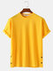 Mens Solid Color Side Snap Button Design Loose Cotton Short Sleeve T-Shirts - Yellow