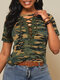 Camouflage Printed Long Sleeve V-neck Drawstring T-shirt For Women - Green