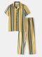 Multi Color Striped Sleepwear Short Sleeve Tops & Long Pants Comfy Pajamas Sets For Men - Yellow