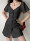 Front Buttons Short Sleeve Solid Color V Neck Thigh Length Dress - Black