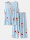 Plus Size Women Floral Print Pleated Tank Pajamas Sets With Cropped Pants - Blue