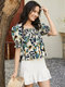 Flower Pattern Puff Sleeve Knotted Square Collar Blouse - Blue