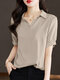 Solid Button Back Lapel Short Sleeve Blouse For Women - Khaki
