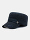 Men Woolen Cloth Felt Herringbone Pinstripe Letter Embroidery Metal Label Thickened Built-in Ear Protection Warmth Flat Cap - Navy