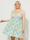 Plus Size Floral Print Backless Design Ruffle Trim Dress - Blue