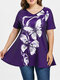 Casual Flowers Print V-neck Plus Size Blouse - Purple