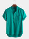 Mens 100% Cotton Breathable Stand Collar Pure Color Short Sleeve Henley Shirt - Green
