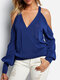 Solid Color V-neck Off-shoulder Long Sleeve Casual Sweater for Women - Navy