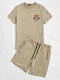 Mens Poker Graphics Preppy Short Sleeve Two Piece Outfits - Khaki