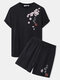 Mens Floral Character Embroidery Crew Neck Cotton Two Pieces Outfits - Black