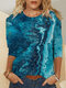 Casual Print O-neck Long Sleeve Plus Size Cotton Blouse for Women - Blue