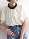 Contrast Button Ruffle Sleeve Stand Collar Women Blouse - Apricot