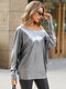 Solid Metal Long Sleeve Crew Neck T-shirt For Women - Silver