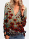 Calico Printed Long Sleeve V-neck Zip Front Blouse For Women - Yellow