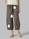 Printed Daisy Floral Elastic Waist Pocket Pants For Women - Khaki