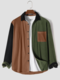 Mens Color Block Patchwork Chest Pocket Corduroy Long Sleeve Shirts - Green
