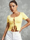 Solid Lace Up Crew Neck Short Sleeve Crop Top - Yellow