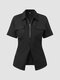Solid Zip Front Lapel Short Sleeve Slit Pocket Blouse - Black