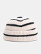 Unisex Knitted Color Contrast Striped Jacquard Dome Warmth Brimless Beanie Landlord Cap Skull Cap - White