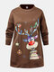 Plus Size Lovely Christmas Cartoon Elk Print O-neck Sweatshirt - Coffee