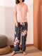 Women V-Neck Short Sleeve Floral Printed Pants Comfy Two Pieces Sleepwear - Dark Gray