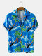 Mens Plant & Leaf Beach Print Holiday Casual Short Sleeve Shirts - Blue