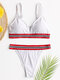 Women Thong Bikini Striped Trim Triangle Backless Beachwear - White
