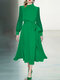 Contrast Puff Sleeve A-line Stand Collar Dress With Belt - Verde