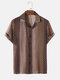 Mens Tribal Striped Pattern Revere Collar Short Sleeve Shirt - Coffee
