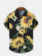 Mens Sunflower Graphics Black Lapel Short Sleeve Curved Hem Shirt - Black