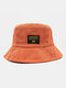Unisex Corduroy Letters Pattern Patch Simple Fashion Warmth Flat-top Bucket Hat - Brick Red