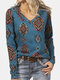 Geometric Print V-neck Long Sleeve Casual T-Shirt For Women - Blue