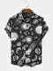 Mens Monochrome Space Planet Print Lapel Short Sleeve Shirts - Black