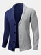 Mens Two Tone Patchwork Single Breasted Rib Knit Casual Cardigans - Navy